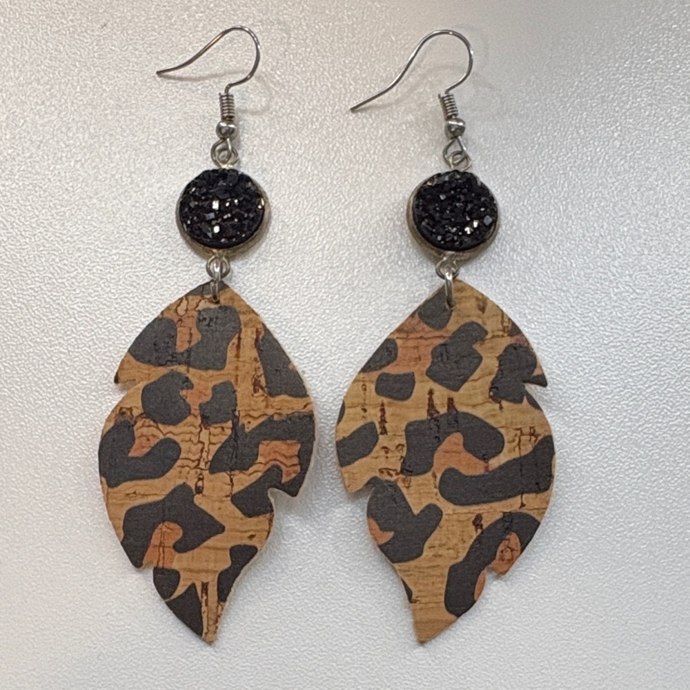 Buckle Leopard Cork Drop Earrings with Black Druzy